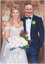 Load image into Gallery viewer, Color portrait with background - wedding picture drawn with church background - colour portrait - drawings and portraits from your photos - drawking.com - DrawKing