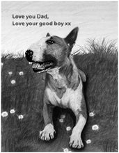 Load image into Gallery viewer, Black & white animal portrait - Dog drawn on field with writing - drawings and portraits from your photos - drawking.com - DrawKing