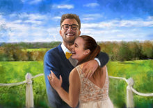 Load image into Gallery viewer, Color portrait with background - Man and woman wedding theme with scenic grass view - colour portrait - drawings and portraits from your photos - drawking.com - DrawKing