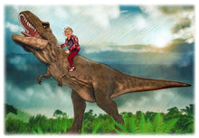 Load image into Gallery viewer, Color portrait with background - boy drawn on dinosaur - colour portrait - drawings and portraits from your photos - drawking.com - DrawKing