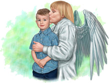 Load image into Gallery viewer, Color portrait with pattern background - Boy drawn with grandma that passed away - colour portrait - drawings and portraits from your photos - drawking.com - DrawKing