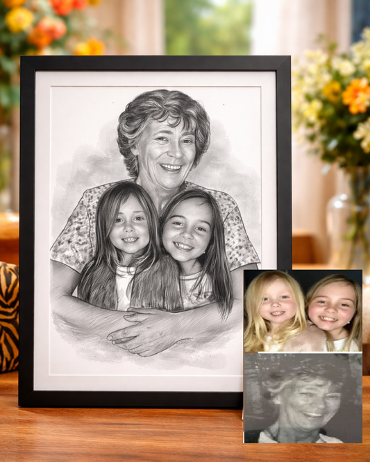 DrawKing custom black and white pencil portrait of grandmother with two granddaughters in frame drawn from photos