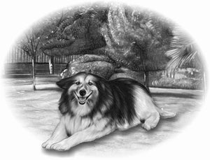 Black & white animal portrait - Dog drawn on field with trees - drawings and portraits from your photos - drawking.com - DrawKing