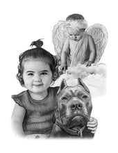 Load image into Gallery viewer, Black and white portrait - Little girl drawn with dog and lost sibling with angel wings  - Black &amp; white portrait - drawings and portraits from your photos - drawking.com - DrawKing
