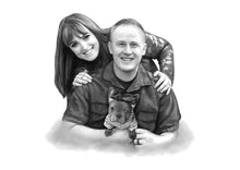 Load image into Gallery viewer, Black and white portrait with pets or animals - Couple drawn with dog - drawings and portraits from your photos - drawking.com - DrawKing
