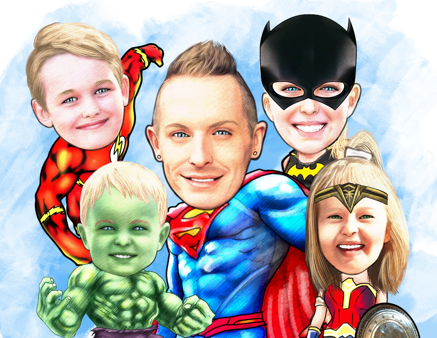 Colour drawing as a character - Family as different  superhero's - drawings and portraits from your photos -  drawking.com - DrawKing